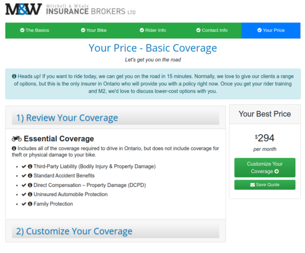 M&W's online M1 motorcycle insurance quote